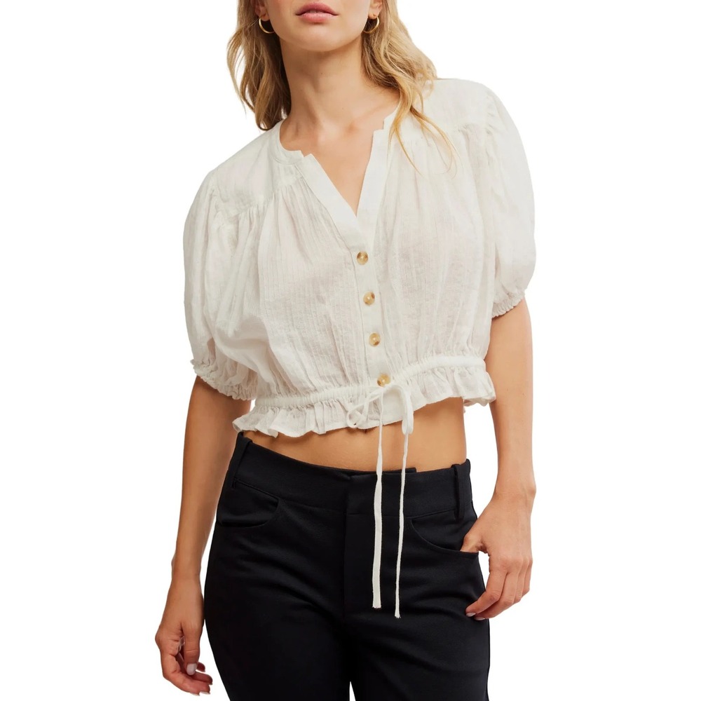 NEW Free People Little Cloud Button-Up Crop Top V-Neck Short Sleeve Sheer XS - Picture 14 of 14